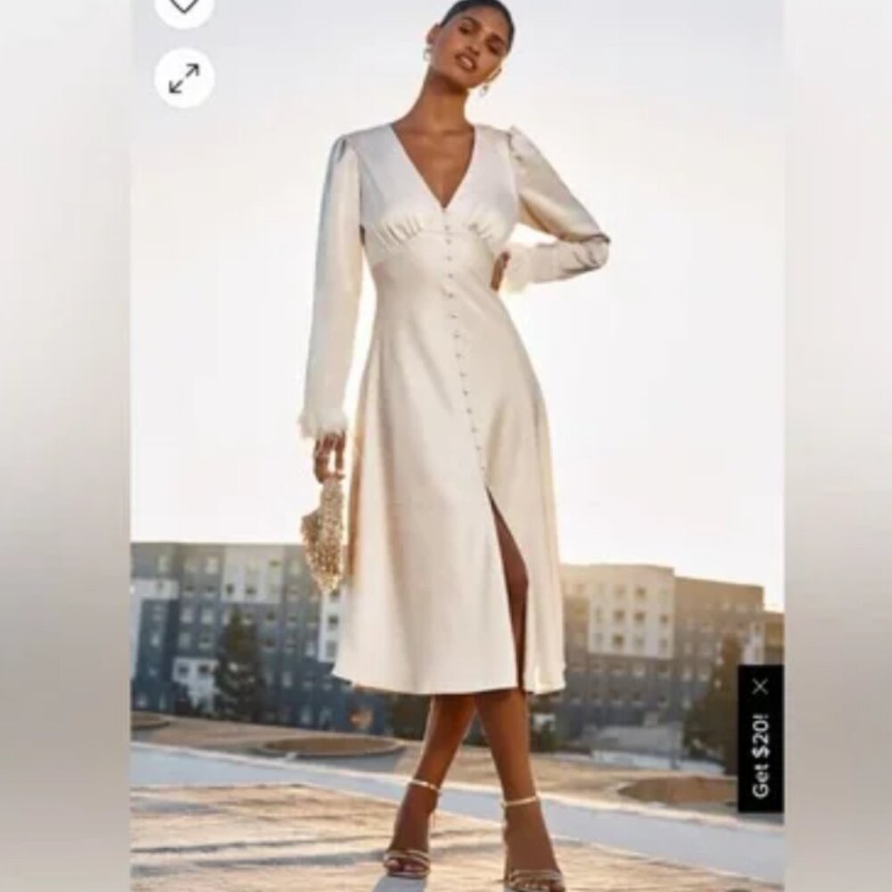 Long Sleeve Bridal Wedding Midi Dress L